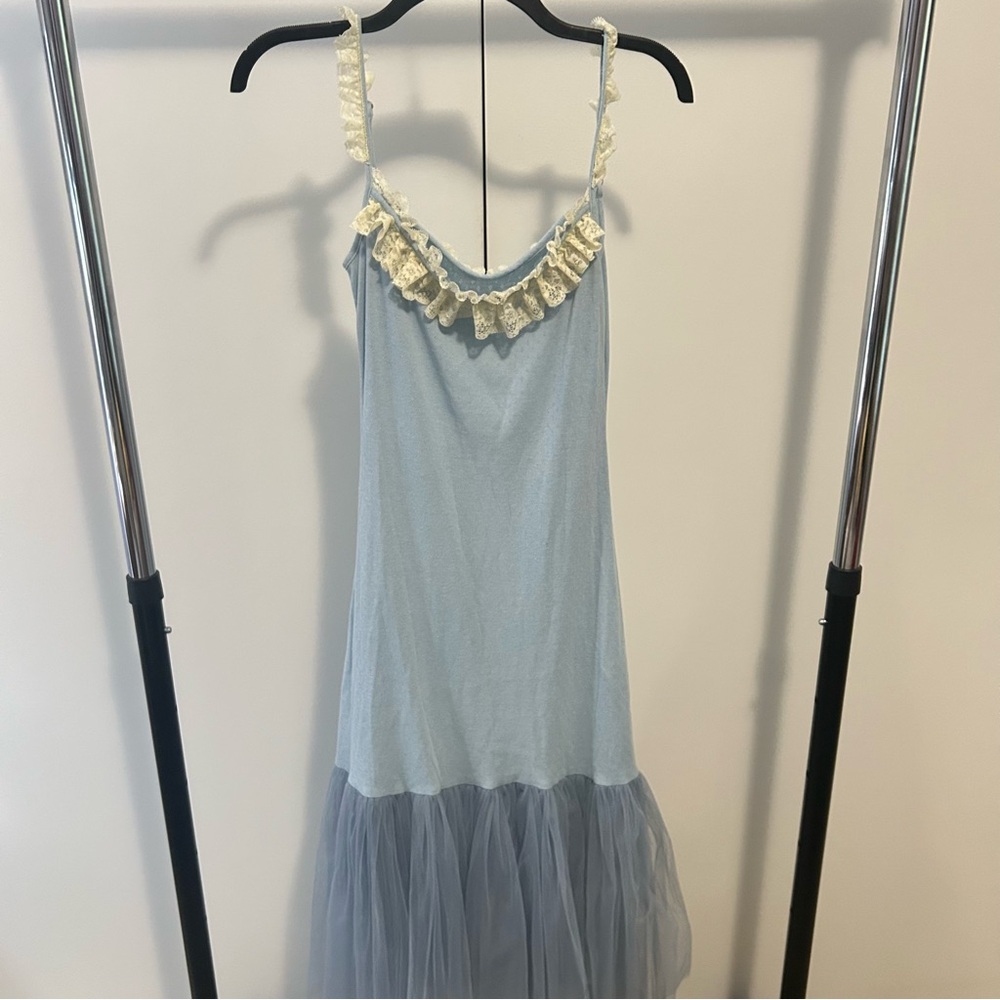 light blue dress set with cream ruffle details